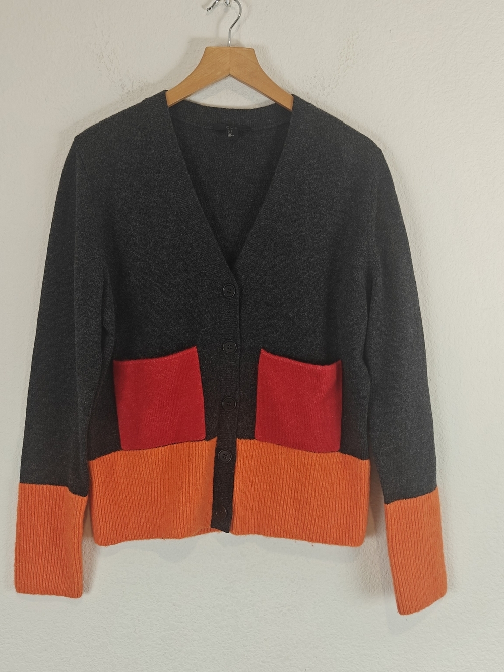 COS Colour-Block Wool Blend Cardigan Sweater Red Pocket Accent Size Small